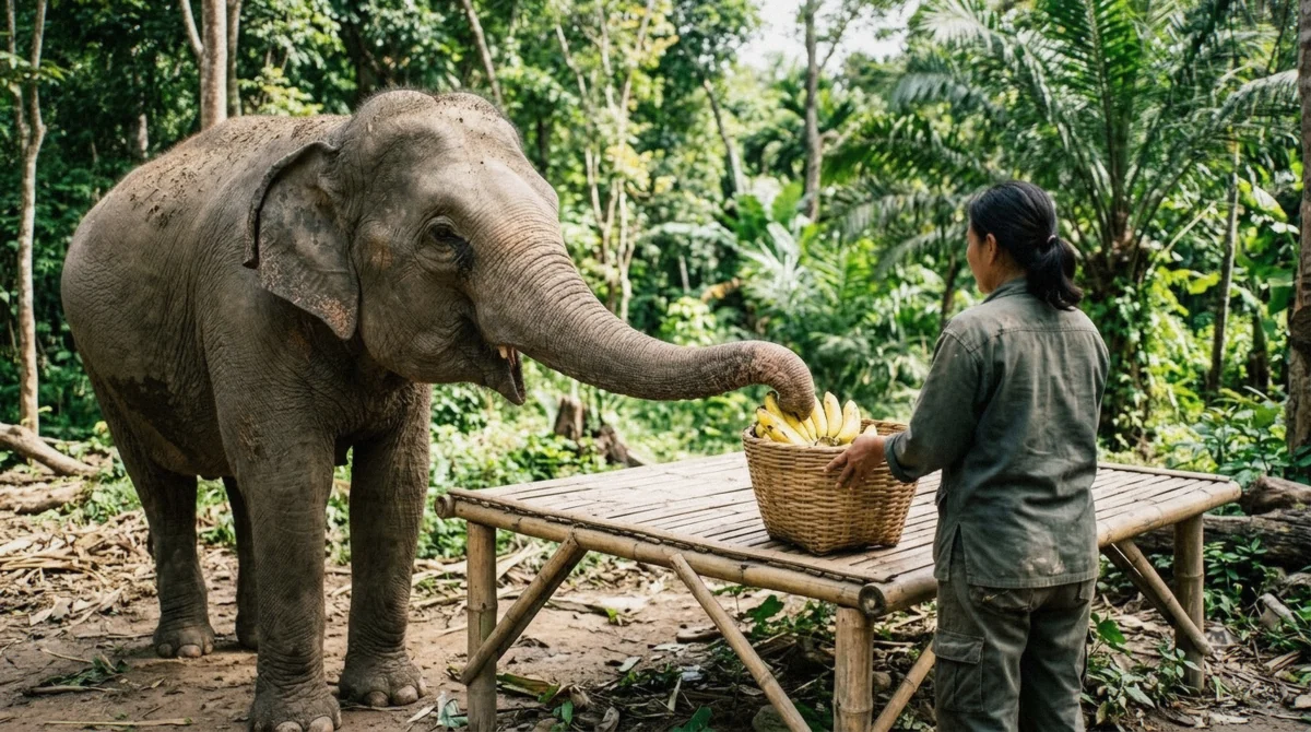 A mahout guide handing a fruit basket to a visitor before a feeding session at a Bangkok elephant sanctuary, showing what the day's price covers