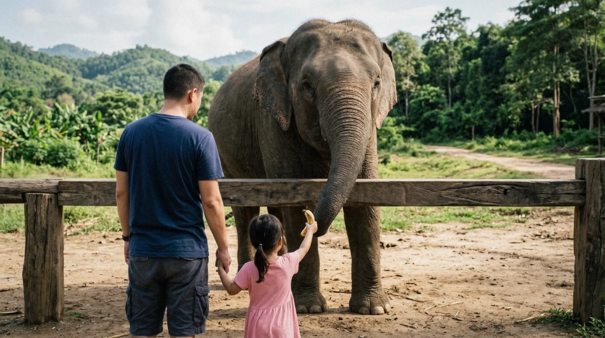 A child watching a mahout feed a rescued elephant from a safe distance at a Bangkok elephant sanctuary with kids