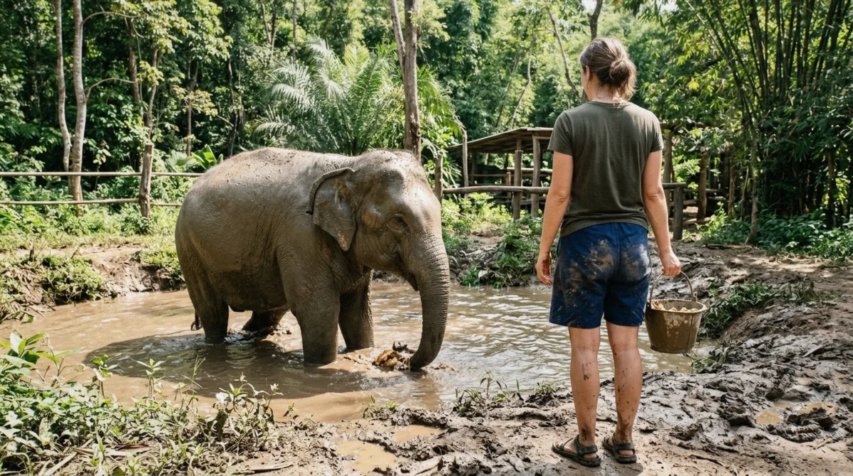 A change of muddy clothes and rinseable sandals laid out ahead of a Bangkok elephant sanctuary mud-bathing session