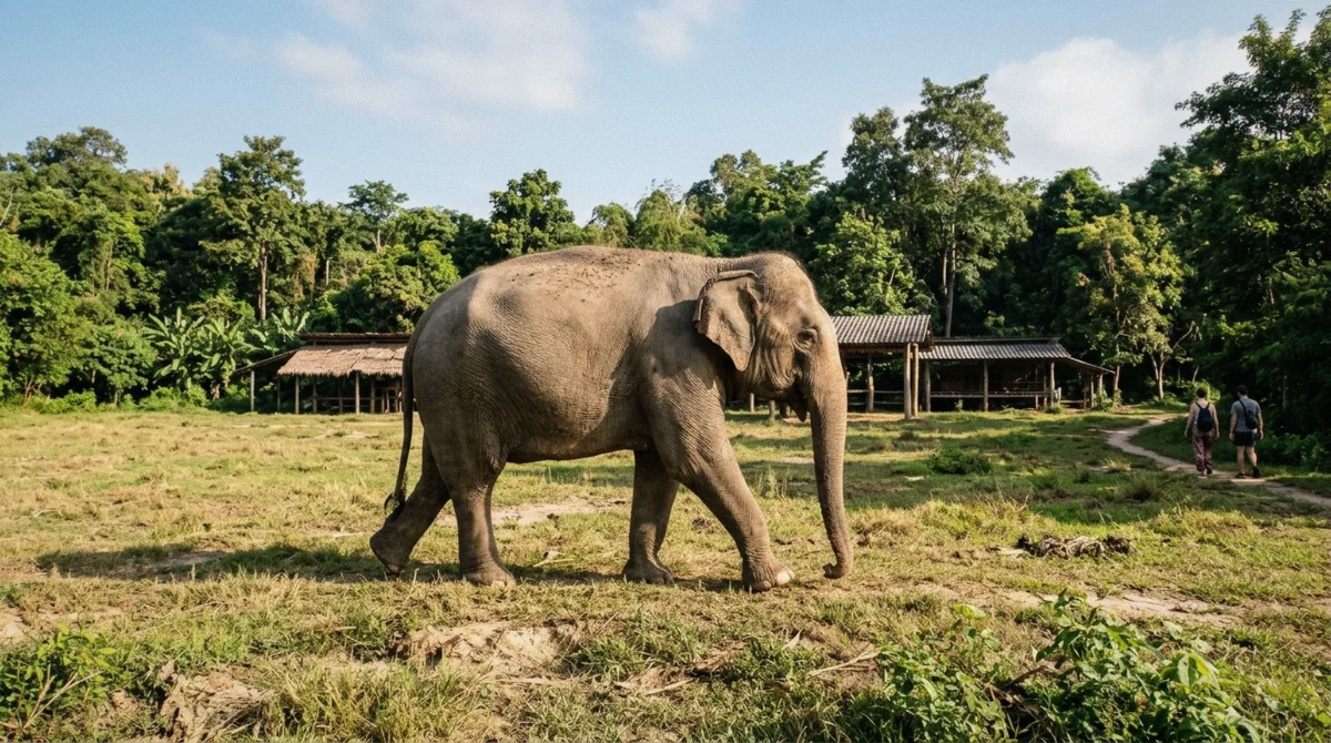 A tourist gently hand-feeding a rescued elephant fruit at a no-riding elephant sanctuary on a Bangkok elephant sanctuary day trip